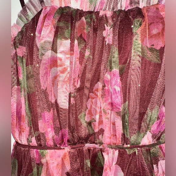 Floral Print Tiered Sparkle Mini Dress - Strapless - Size 7 - Picture 4 of 8